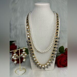 Beautiful Double Layer Gray With Gold Pearls Necklace With Earrings